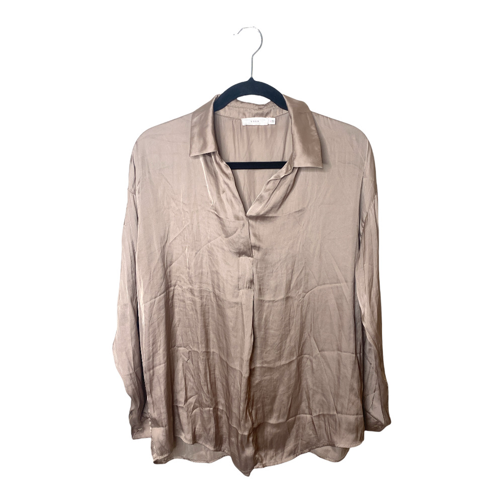 Lush Fiery Solid Split Neck Collared Silky Popover Henley Blouse Tan Size Large